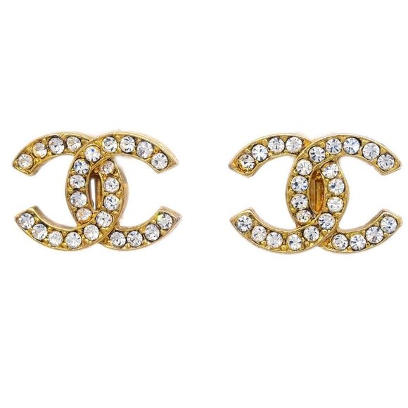 Chanel Gold CC Earrings Clip-On Rhinestone 2084 194988 - Picture 1 of 4